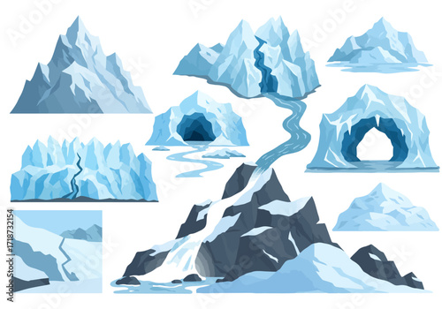 Ice terrain set iceberg cave mountain with river and waterfall in cool blues and grays