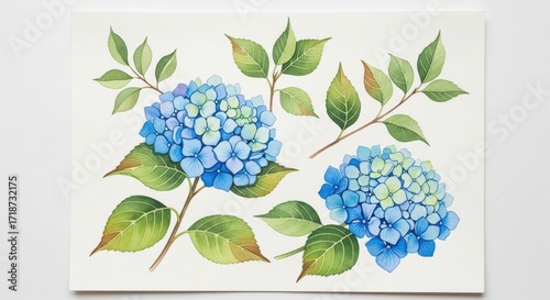 Watercolor Hydrangea Flowers and Green Leaves on White Background.
