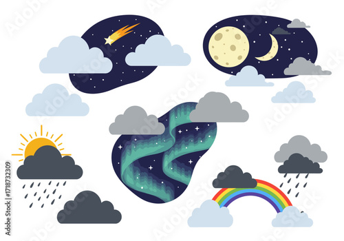 Illustration of assorted weather phenomena comet sun moon aurora rainbow rain and clouds