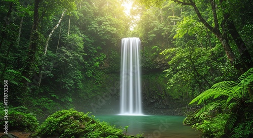 Waterfall flowing into pool surrounded by lush forest