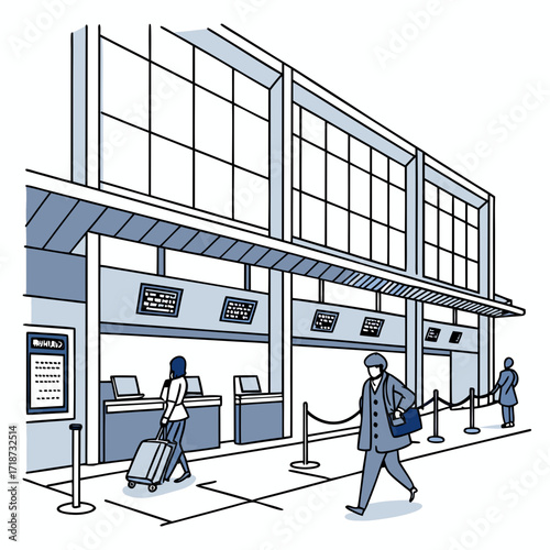 Airport check-in area with travelers and luggage counter