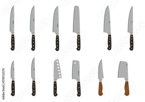 Image features twelve knives with different blade shapes and handle colors
