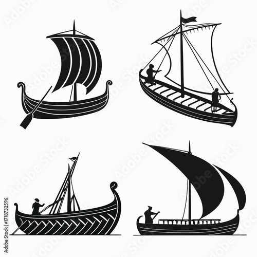 Ancient Viking Ship Silhouettes Set Keywords: viking ship, longship, boat, sailing, ancient