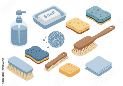 Isometric layout of cleaning items brushes sponges soap liquid soap dishcloth and a scrub pad