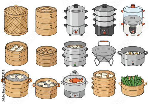 Isometric illustration of various cooking steamers some with food