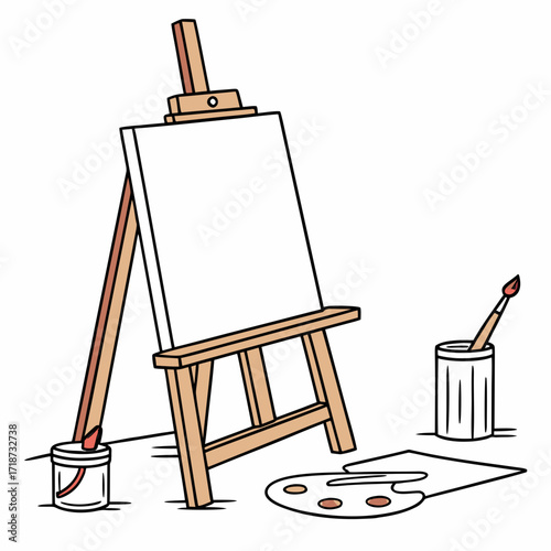 Art Easel with Two Water Cups and Paint Palette Keywords: art, artist, easel, paint, palette