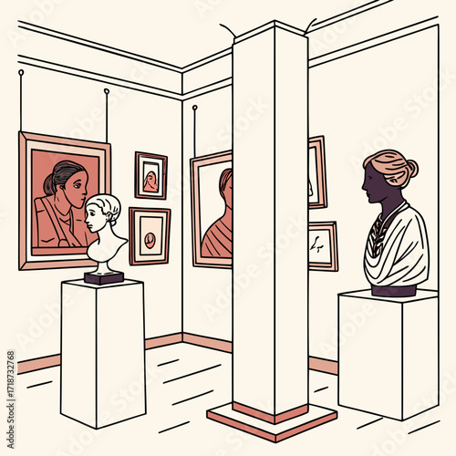 Art gallery with classical busts and portraits on display