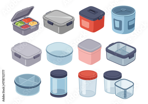 Isometric view of 12 assorted food storage containers