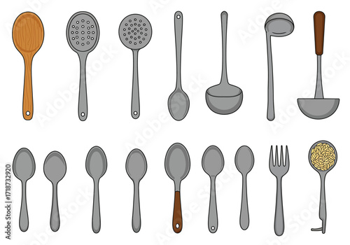 Kitchen utensil medley Spoons ladles fork in a tworow collection on a white backdrop