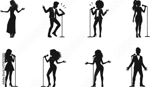 Silhouettes of male and female singers performing on stage with microphone, music concert illustration, vocal artists, live performance, entertainment show