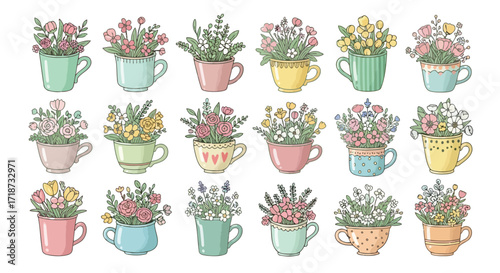 Vector illustration of illustration of assortment of potted flowers in colorful cups isolated on white