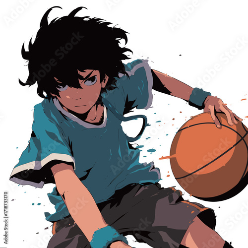 A young boy, wearing a blue shirt and shorts, skillfully dribbles a basketball, showcasing his athleticism in a vibrant urban background filled with dynamic colors.