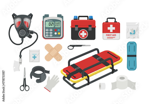 Medical gear gas mask defibrillator firstaid kits bandages stretcher gloves scissors and tape roll