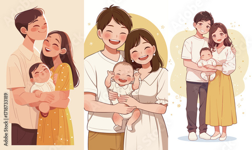 Two loving couples with their adorable baby share joyful moments in vibrant illustrations. Their happiness radiates in a warm setting, celebrating family bonds.