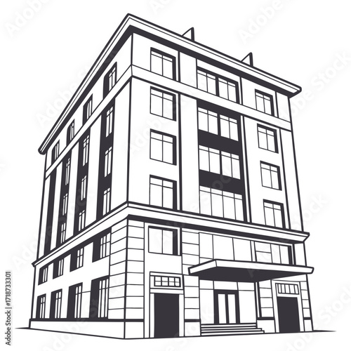 Black and white illustration of a multi-story apartment building Keywords: building, apartment
