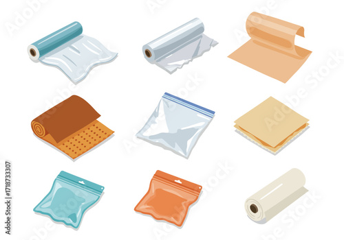 Nine assorted plastic packaging items include rolls sheets and sealed bags on a white background