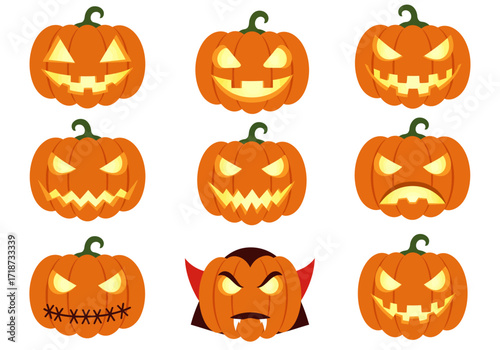Nine cartoon pumpkins eight with jackolantern faces and one as a vampire