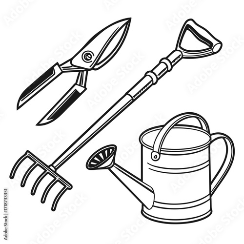 Black and White Line Art Garden Tools Collection gardening