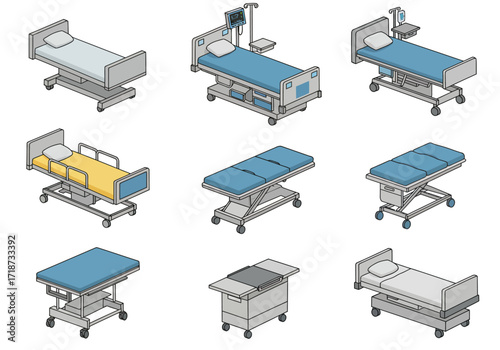 Nine isometric hospital beds and medical equipment fill a white background