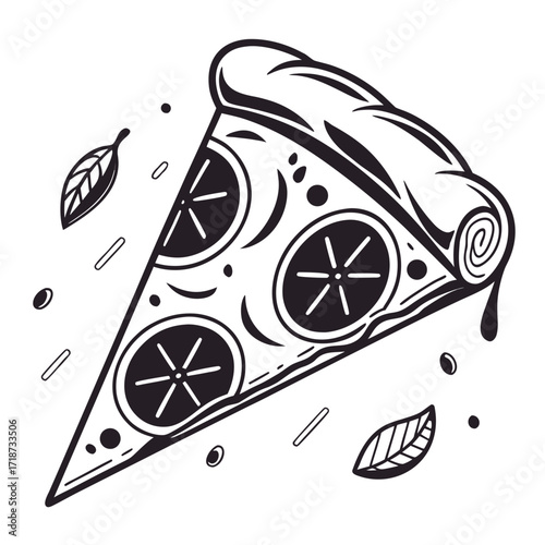 Black and White Slice of Pizza with Citrus and Leaves Keywords: pizza, slice, food, italian