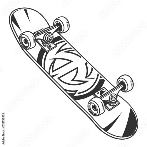 Black and White Skateboard with Graphic Design wheels