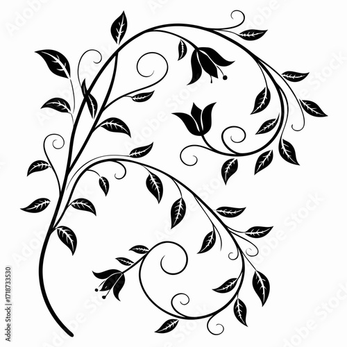 Black floral vine with leaves and buds silhouette plant