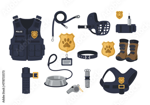 Police K9 unit equipment vest muzzle badge leash boots collar baton bowl whistle