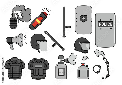 Police riot gear shields helmets batons vests  tear gas grenades