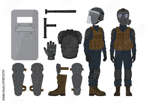 Riot gear set includes shield baton body armor  outfits with tactical vests  helmets