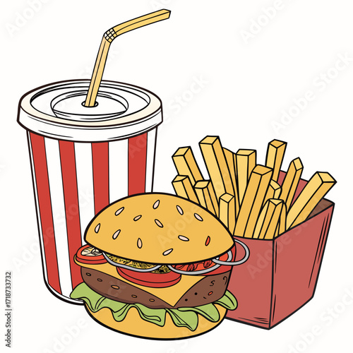 Burger fries and soda with red striped cup and straw Keywords: burger, hamburger, french fries