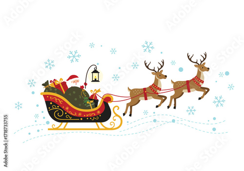 Santa rides his sleigh pulled by two reindeer with snowflakes