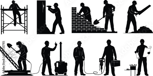 Construction workers silhouettes performing welding, bricklaying, drilling, shoveling, blueprint reading, and scaffolding tasks on building site vector illustration.