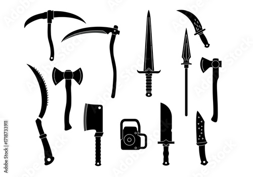Silhouette of various edged weapons including swords axes and knives