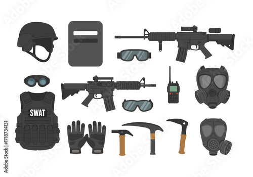 SWAT gear helmet shield guns gas masks vest gloves walkietalkie goggles and tools