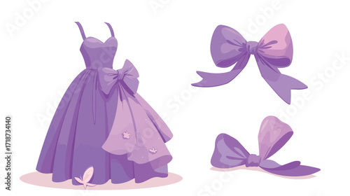 A beautiful purple dress features large bows, enhancing its elegance. Additional bows showcase different styles and designs, perfect for various outfits and occasions.