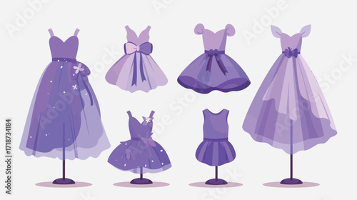 A selection of elegant purple dresses for girls is featured on stands, highlighting various styles and designs for special occasions or parties.
