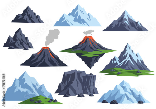 Ten stylized mountain illustrations including volcanoes on a white background
