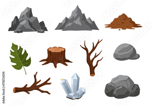 The image shows a collection of natural elements including rocks leaves tree stumps branches soil and crystals