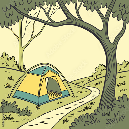 Cartoon camping tent in a forest clearing with a path
