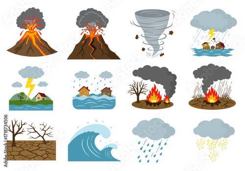 Twelve cartoonish drawings depict various natural disasters in separate rectangular frames
