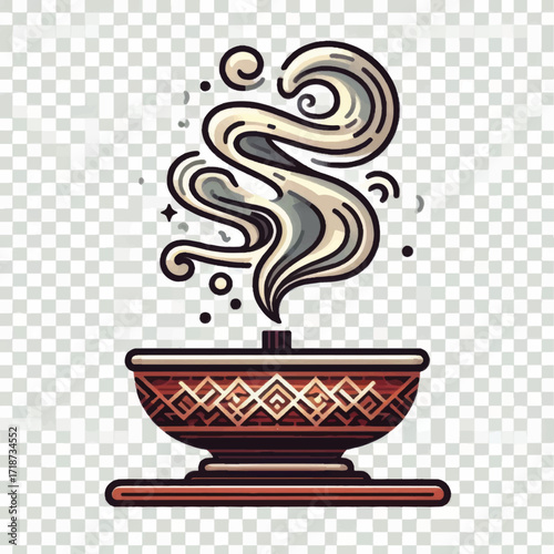 Stylized illustration of an ornate incense burner with swirling smoke.