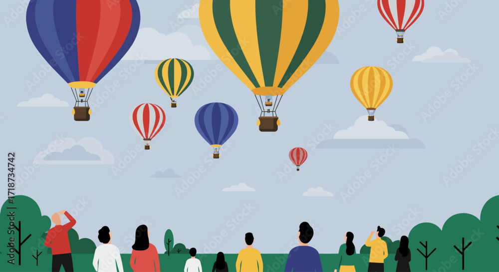 Fototapeta premium A vibrant flat design illustration depicting a diverse crowd of people gathered to watch a spectacular hot air balloon fiesta, conveying a sense of wonder and community. 