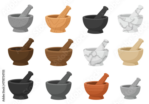 Twelve mortar and pestle sets are arranged in a grid pattern