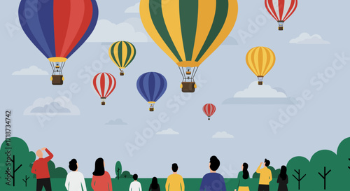 A vibrant flat design illustration depicting a diverse crowd of people gathered to watch a spectacular hot air balloon fiesta, conveying a sense of wonder and community. 