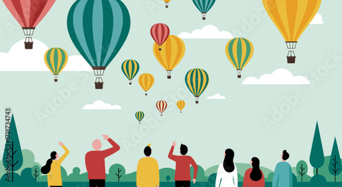 A vibrant flat design illustration depicting a diverse crowd of people gathered to watch a spectacular hot air balloon fiesta, conveying a sense of wonder and community. 