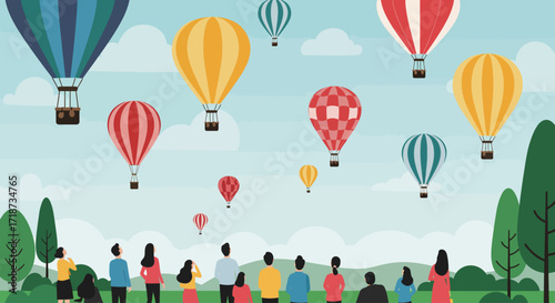 A vibrant flat design illustration depicting a diverse crowd of people gathered to watch a spectacular hot air balloon fiesta, conveying a sense of wonder and community. 