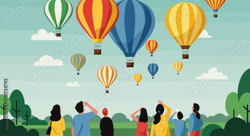 A vibrant flat design illustration depicting a diverse crowd of people gathered to watch a spectacular hot air balloon fiesta, conveying a sense of wonder and community. 