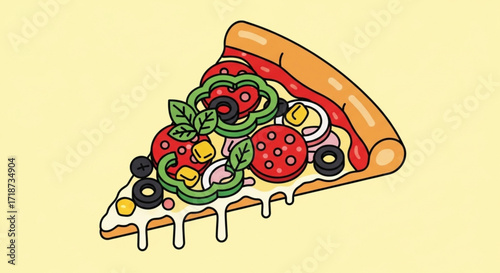 Delicious pizza slice with pepperoni olives and peppers vector illustration food design for restaurant menu