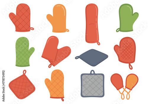 Various kitchen oven mitts and pot holders in assorted colors and designs