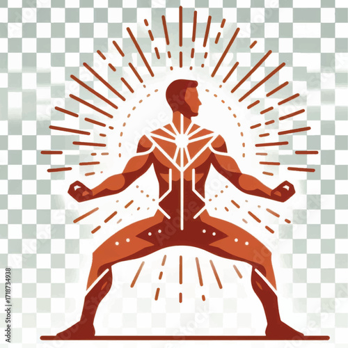 Stylized Man in Warrior Pose with Radiating Energy.